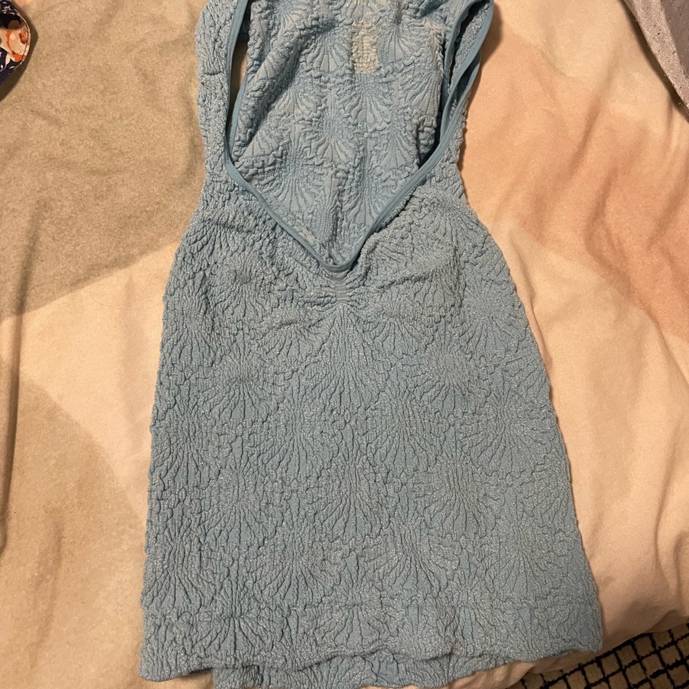 Free People Light Blue Textured V-Neck Top